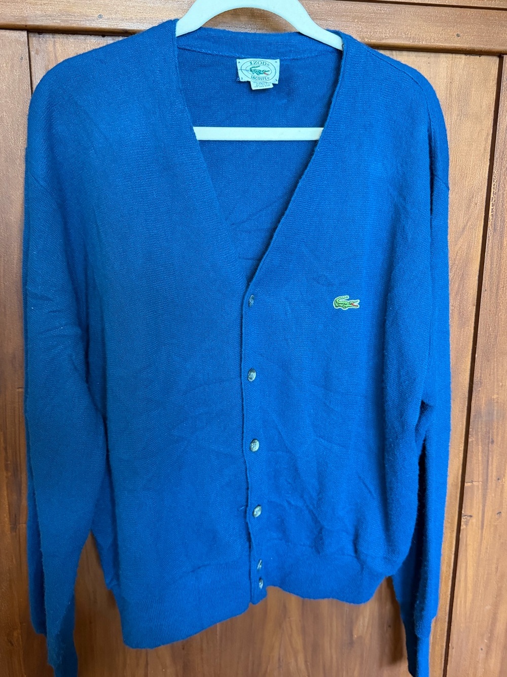 Vintage Lacoste Unisex Royal Blue V-Neck Button Cardigan, leaf pattern, XL
